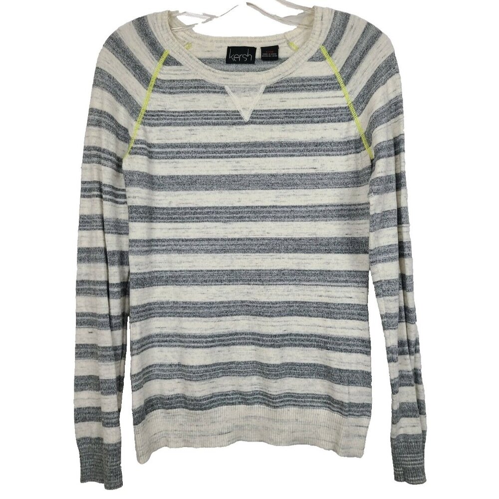 Kersh Womens Sweater Small Gray Ivory Striped Raglan Sleeve Crew‎ Neck Pullover